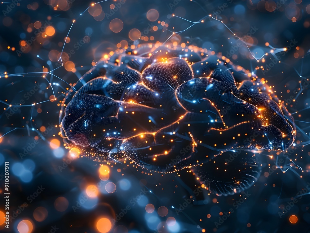 Poster glowing digital brain with neural connections representing advanced algorithms