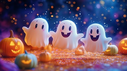 Whimsical Scene of Smiling Ghosts with Colorful Pumpkins