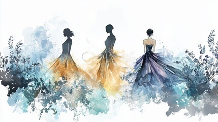 Trois femmes en robes élégantes dans une composition artistique abstraite