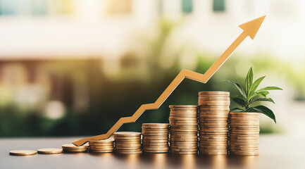 An upward pointing graph arrow going from left to right on top of stacked wooden coins placed in front of green plants on the table, representing an upward trend and growth during market enhancements 