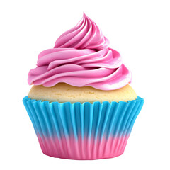 Delicious Vanilla Cupcake with Pink Frosting in Blue Wrapper on White Background
