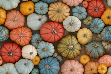 Сolored pumpkins pumpkins banner, top view
