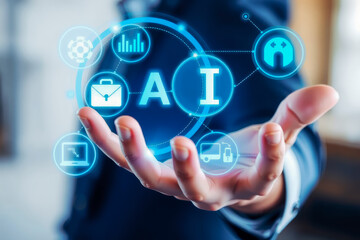 A hand showcases luminous digital AI technology icons, highlighting cutting-edge advancements and concepts in artificial intelligence.