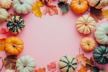 Fototapeta premium Pumpkins on pastel pastel background, space for text