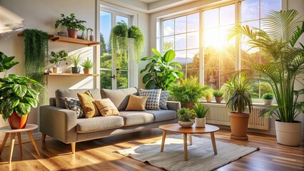 Fototapeta premium Relaxing living room with sofa and various houseplants bathed in morning sunshine, relaxing, living room, sofa, houseplants