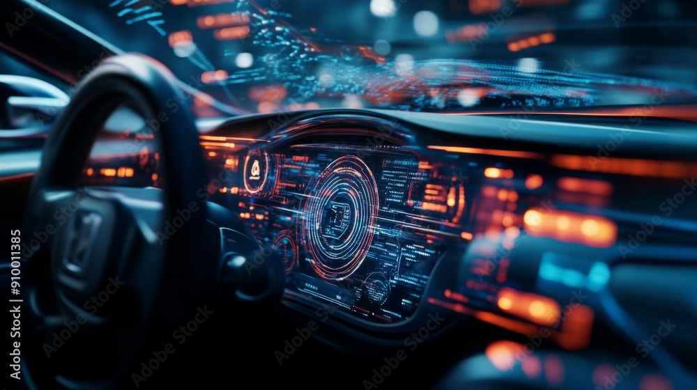 Aufkleber A sleek car dashboard showcases a vibrant holographic display with glowing metrics and information, creating a high-tech atmosphere.