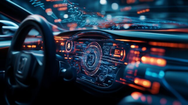 A sleek car dashboard showcases a vibrant holographic display with glowing metrics and information, creating a high-tech atmosphere.
