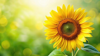 Obraz premium Yellow sunflower with green leaves isolated on background, sunflower, yellow, green, leaves, isolated, background, floral