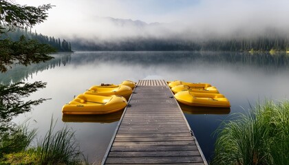 Fog mirror on the lake with a dock and four yellow rafts