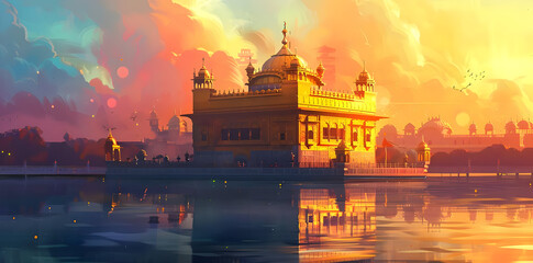 Golden Temple Illustration with Sunset Sky
