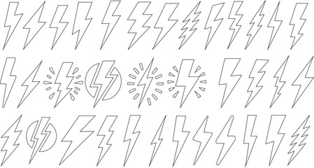 Lightning bolt symbols, line art, vector, icon, flash, electricity, power, energy, logo, design, graphic, illustration, collection