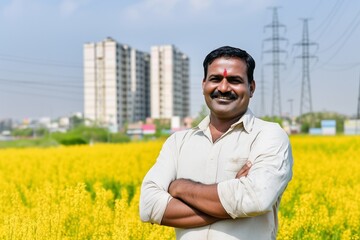 Smiling Farmer in a Field of Yellow Flowers
