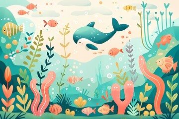 Obraz premium A vibrant underwater scene featuring colorful fish and a playful whale surrounded by lush marine vegetation.