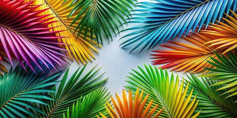 Multicolored tropical palm leaves arranged in a flatlay style , vibrant, exotic, tropical, foliage, greenery, top view
