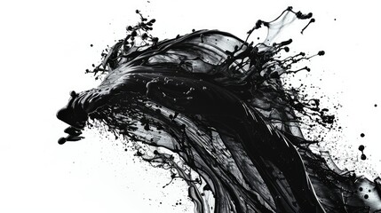 Dynamic Black Ink Brush Stroke with Splashes on White Background