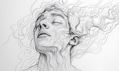 Fototapeta premium Pencil Line Drawing Emphasizing Attention and Mental Health with Contemplative Expression