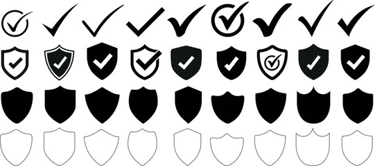 check mark and shield vector icons,  security symbols, verification, approval, protection graphic design symbols