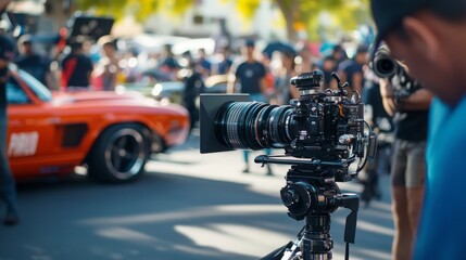 A camera captures classic cars during a bustling vintage auto show with spectators and photographers nearby.