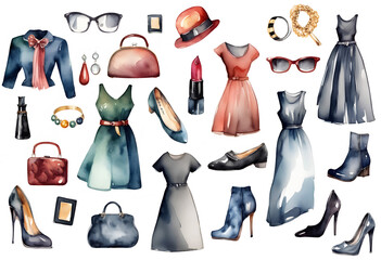 Set of lady retro fashion accessories, dresses and shoes