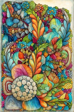 nk drawn zentangle style illustration is colored with bright watercolors. Flowers and leaf doodle. Colorful Adult coloring book page.