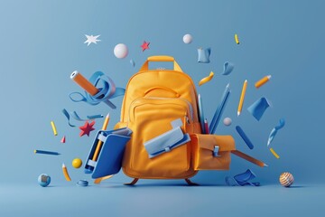 3D Colorful backpack surrounded by floating school supplies against a light blue background, depicting a creative and educational concept. backpack with stationery items flying around it.