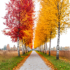 vertical shot of a path with colorful trees on both sides. beautiful autumn landscape isolated on white background, vintage, png