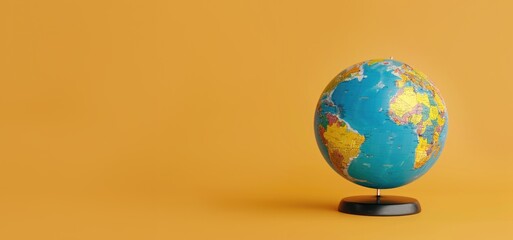 Classic world globe on stand against vibrant orange background. Educational tool with detailed map.