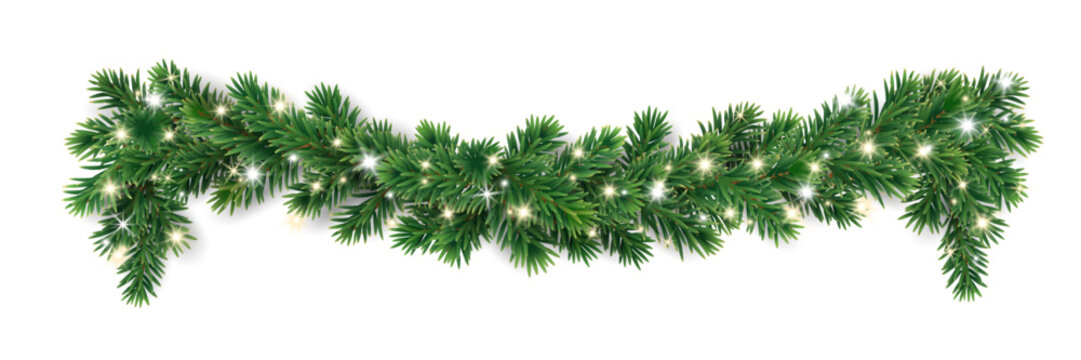 Christmas tree garlands on transparent background. Realistic pine-tree branches with glowing sparkling Christmas lights decoration. Vector border for holiday banners, party posters, cards, headers.