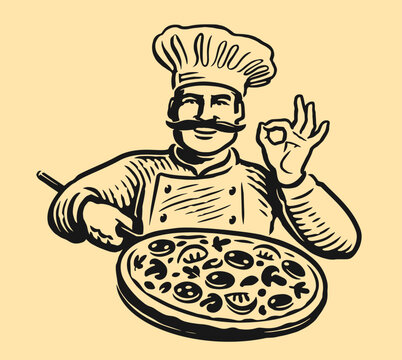 recommend clip art: Chef with pizza. Italian food, fast food restaurant emblem or logo design. Sketch vector illustration
