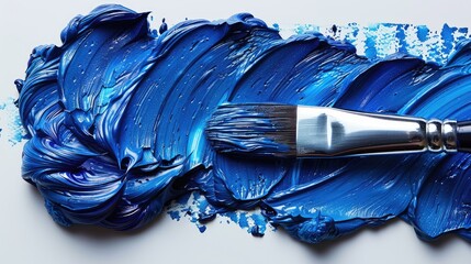 Thick Blue Oil Paint Brush Stroke with Brush on White Background