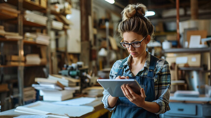 Woman using digital tablet in workshop - Powered by Adobe