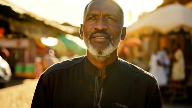 A man gazes thoughtfully while enjoying the lively atmosphere of a vibrant market just before sunset