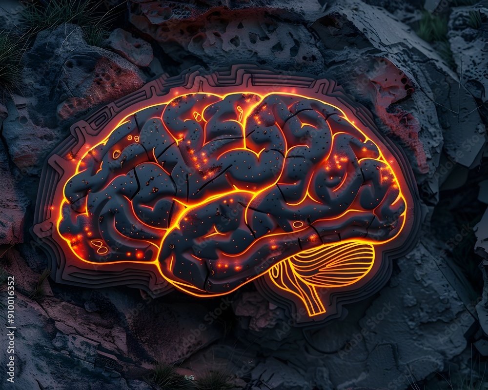 Poster neon illuminated brain with intricate neural pathways amid dark background highlighting the complexi