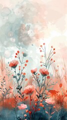 Obraz premium Watercolor background with pastel pink and peach flowers and green foliage