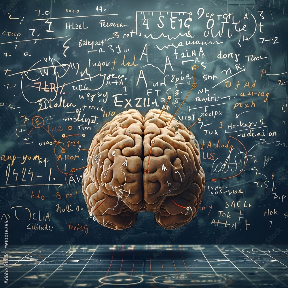 Poster intellectual brain surrounded by floating mathematical formulas and equations representing cognitive