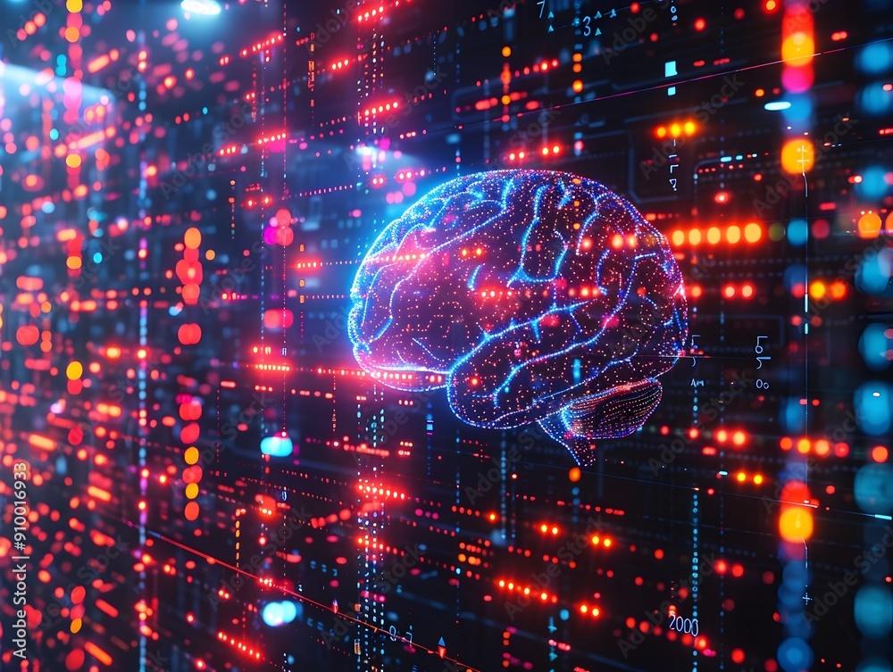 Poster brain in a matrix like digital environment with flowing data streams and codes