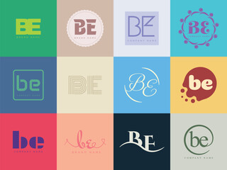 BE logo company template. Letter b and e logotype. Set different classic serif lettering and modern bold text with design elements. Initial font typography.