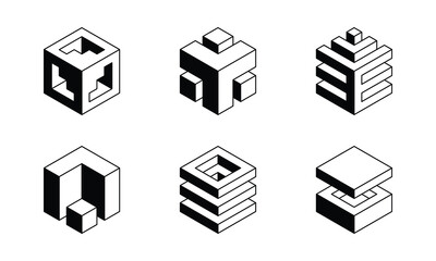 Black and white Cube logo, geometric vector design. Set box logotype company, trendy techno emblem in isometric 3D style.