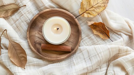 Top view cinnamon scented candle on the wooden round plate and leaves