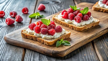 Healthy breakfast toasts topped with fresh raspberries and creamy cottage cheese on a wooden cutting board