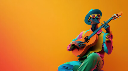 A Colorful Musician Skillfully Playing Guitar in a Vibrant, Dynamic Setting Full of Life