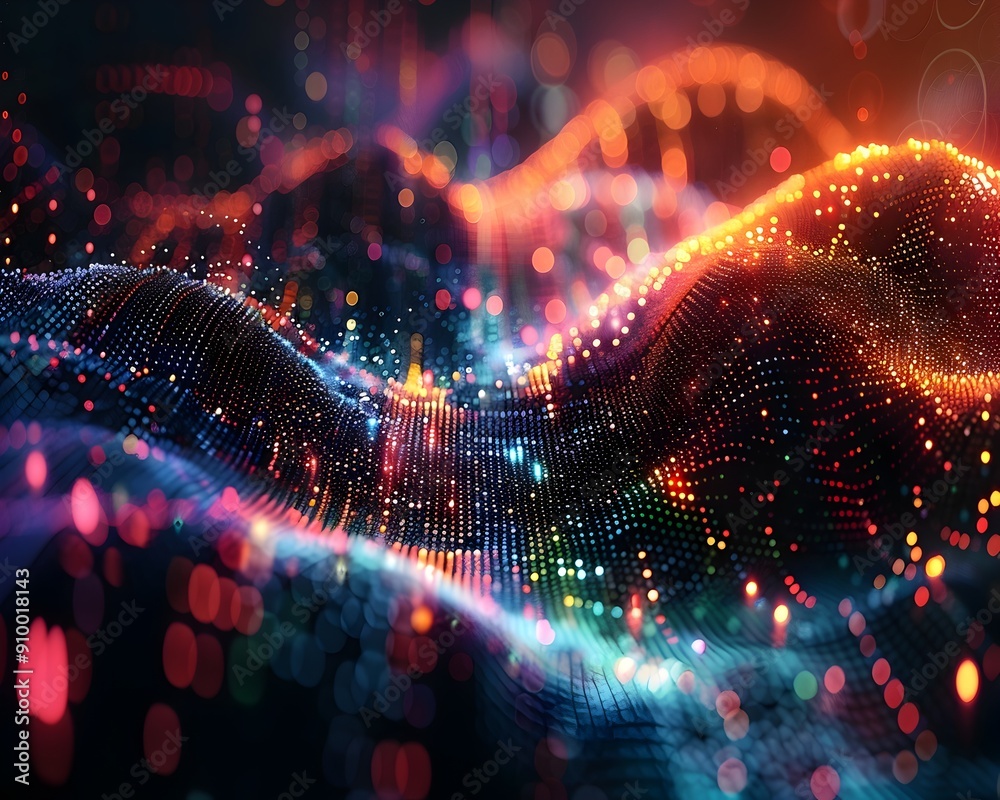 Poster captivating music visualization with dynamic and vibrant patterns reacting to beats and rhythm