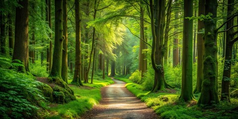 Fototapeta premium Tranquil path in the lush forest , nature, trees, hiking, trail, woods, outdoors, green, peaceful, scenic, landscape