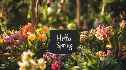 Hello Spring Garden Symphony: A chalkboard nestled among vibrant spring blooms announces the arrival of spring, a symphony of colors in a garden setting. 