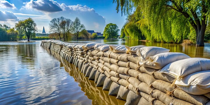 Hochwasserschutz mit Sands?cken Sands?cke entlang eines Flussufers f?r den Schutz vor Hochwasser