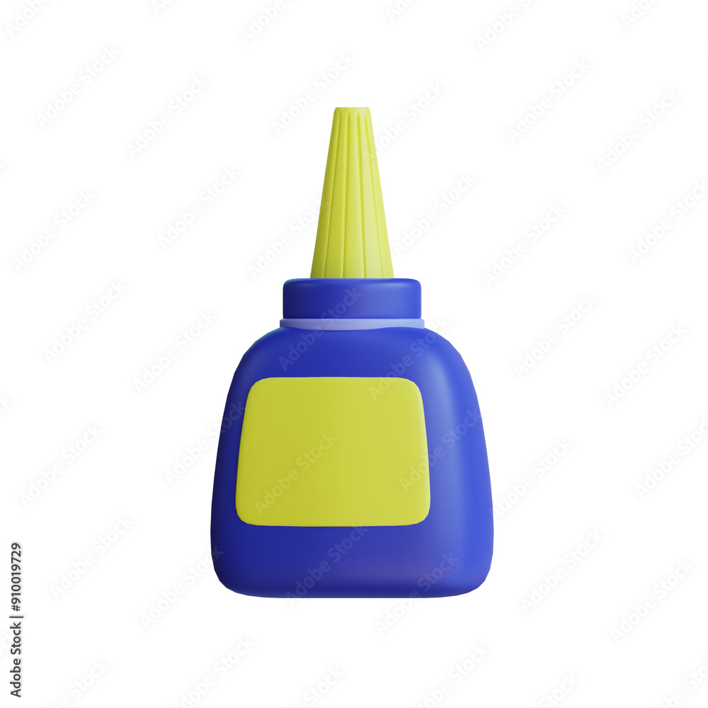 Wall mural 3D illustration of a blue glue bottle with a yellow label, isolated on a transparent background.