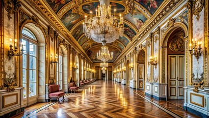 Fototapeta premium Opulent and ornate hallway in a French royal interior, luxurious, regal, elegant, vintage, chandelier, aristocratic, historic