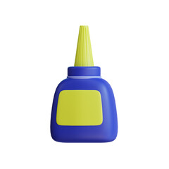 3D illustration of a blue glue bottle with a yellow label, isolated on a transparent background.