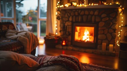 Cozy Winter Evening in a Warmly Lit Living Room with Fireplace - Cinematic Documentary Editorial Photography