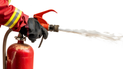 Red fire extinguisher isolated on transparent background. Emergency flame danger firefighter rescue equipment, metal container with hose, fireman protection object, tool, foam, hazard, prevention